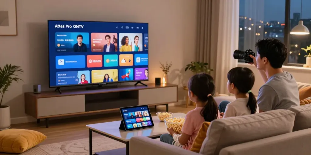 Téléchargement de l'application Atlas Pro sur un téléviseur intelligent pendant une soirée cinéma en famille