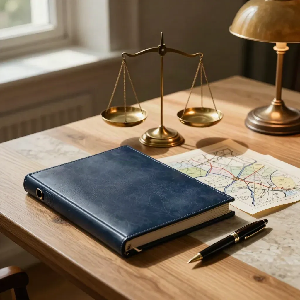 Dossier de droit britannique, balance en laiton et stylo sur bois clair, lumière douce.