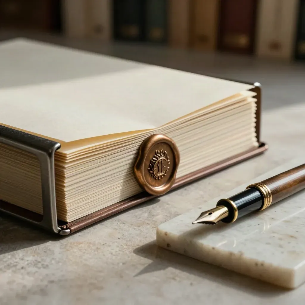 Macro d’un classeur juridique avec sceau de cire et stylo plume sur pierre claire.