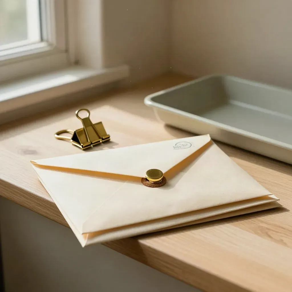 Dossier de recouvrement avec enveloppes scellées, tampon et plateau de tri en lumière chaude.