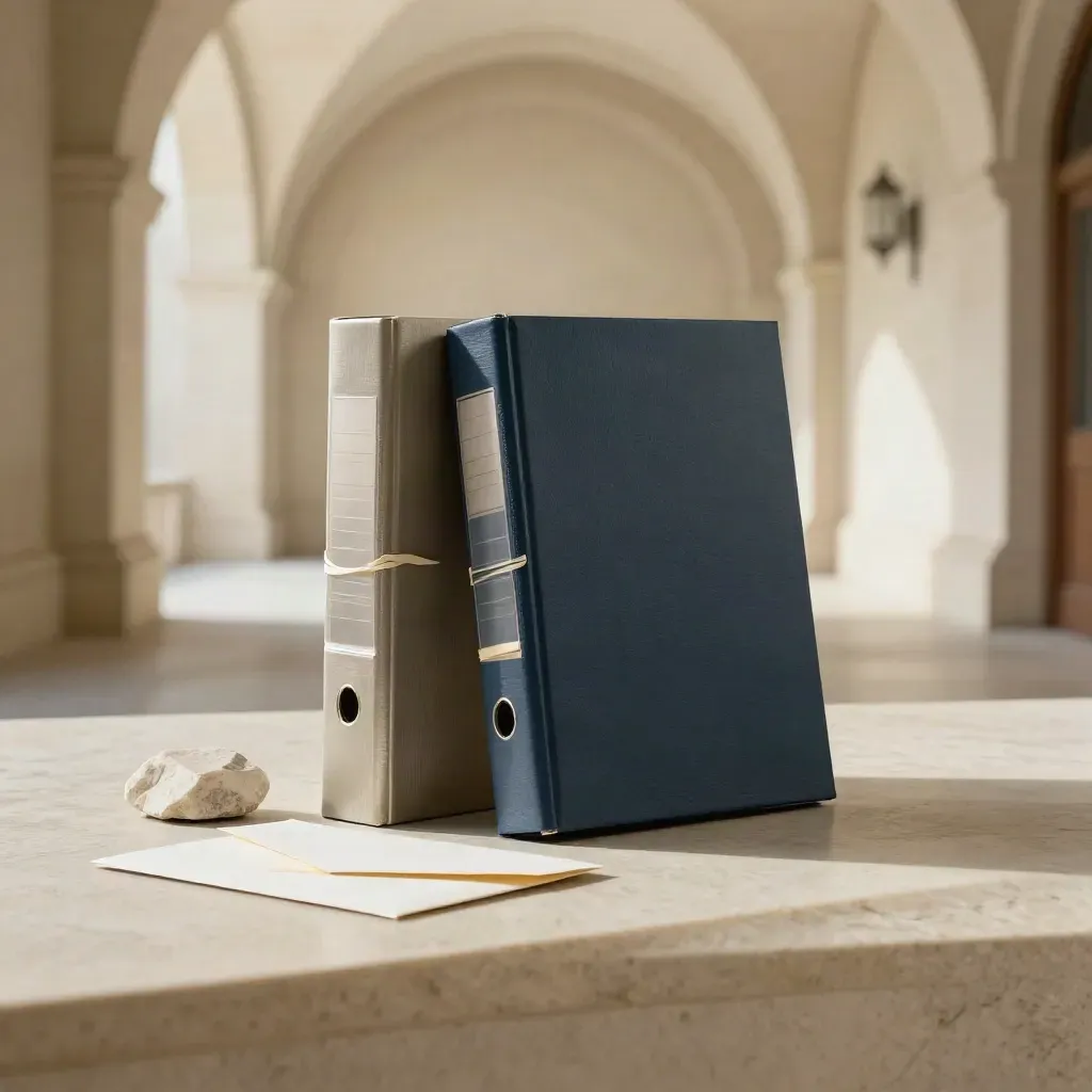 Deux classeurs juridiques, une enveloppe de règlement et une pierre de tribunal dans un couloir de cour.