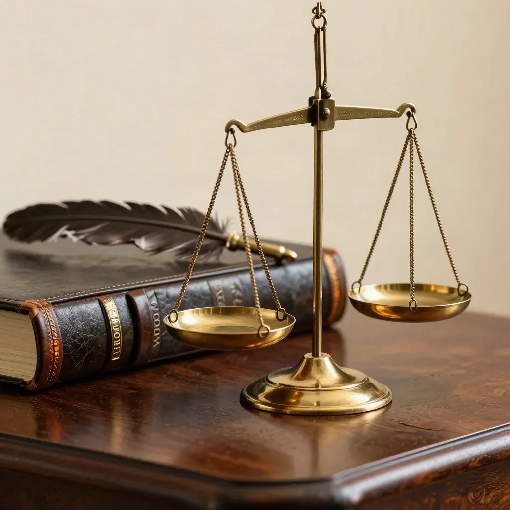 Balances de justice en laiton, plume noire et cuir marbré sur un bureau en noyer.
