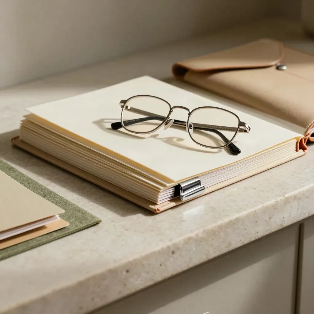 Dossier de conformité crème, lunettes repliées et presse-papier sur une ledge en pierre claire.