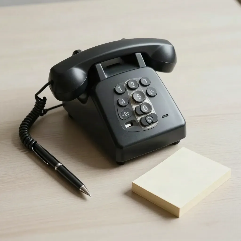 Téléphone de bureau noir, stylo plume et boîte de notes sur bois pâle.
