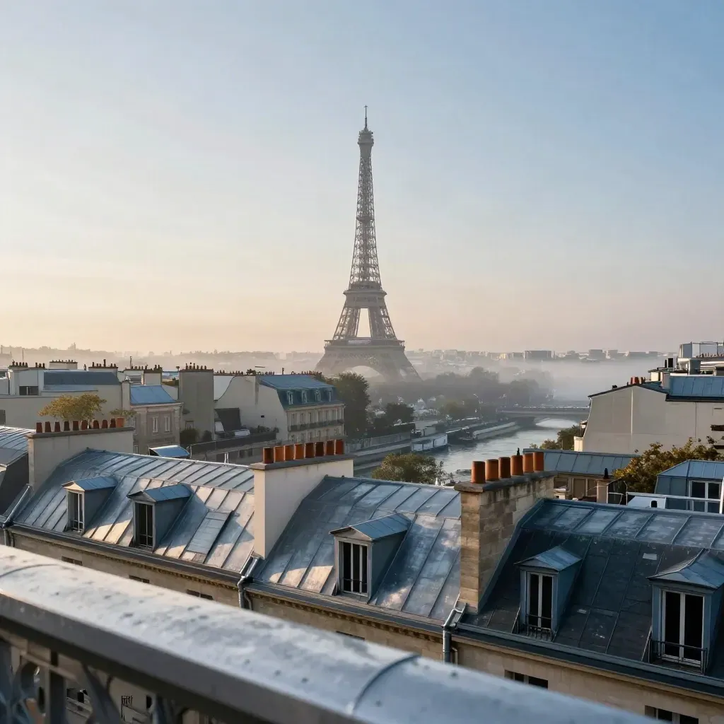 Île-de-France à l’aube, tour Eiffel lointaine au-dessus des toits brumeux de Paris