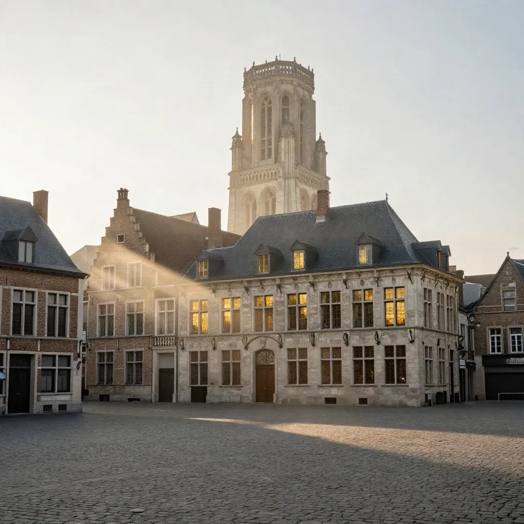Le beffroi de Lille au-dessus d’une place de pierre brumeuse, à l’aube.