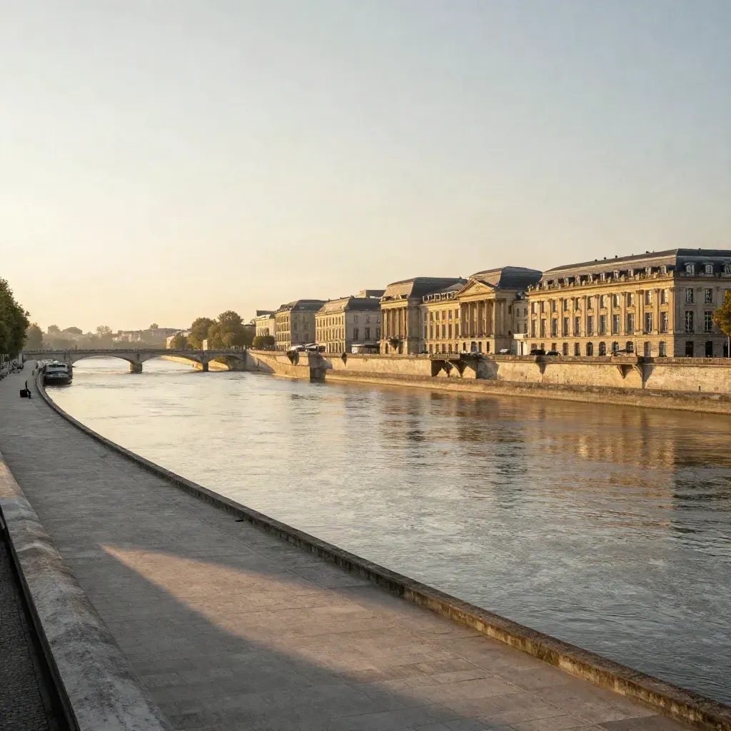 Vue dorée de Bordeaux au bord de la Garonne, façades blondes et ciel ouvert.