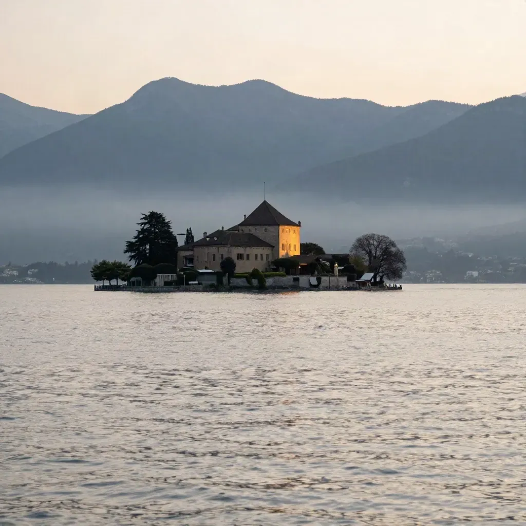 Lac d’Annecy au crépuscule, château en silhouette et Alpes brumeuses, eau calme au premier plan.